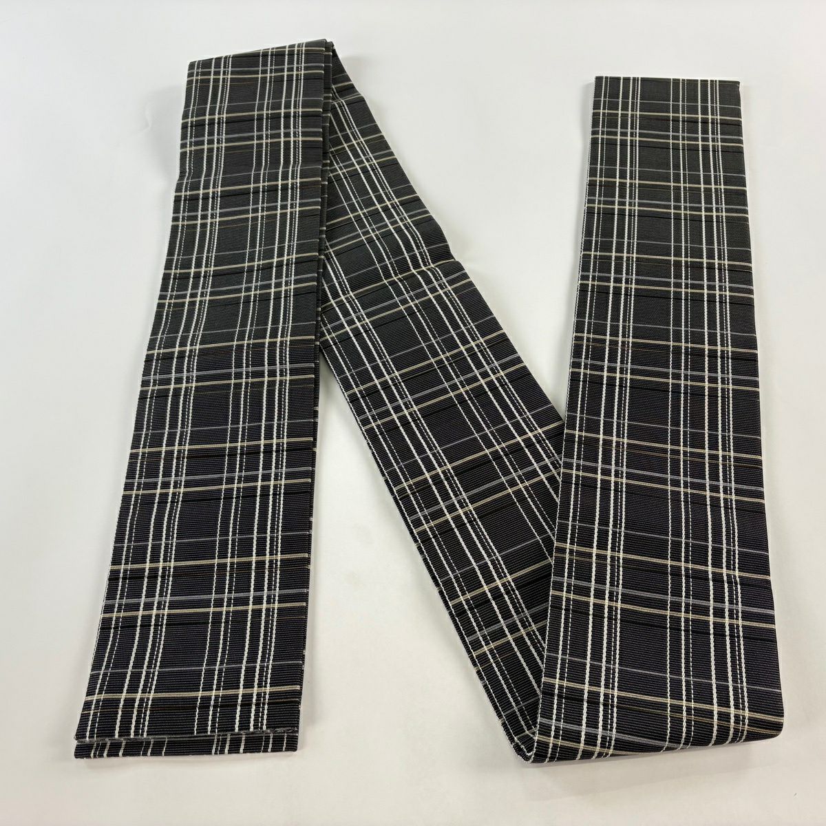【美品】半幅帶 名品級 格子 黑 純蠶絲