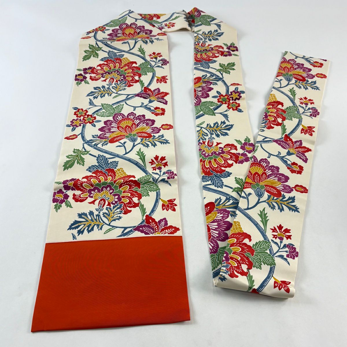 【美品】名古屋帶 優品級 花唐草紋 奶油色 純蠶絲