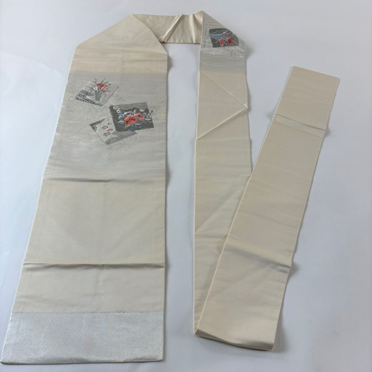 名古屋帶 優品級 色紙 草花紋 金銀彩 金金箔 奶油色 純蠶絲