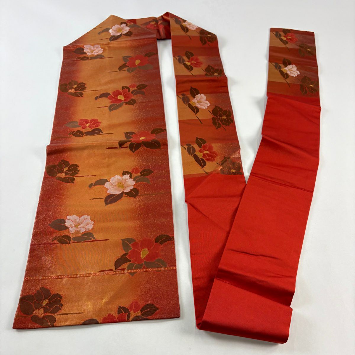 【美品】名古屋帶 優品級 椿 霞 金絲 金金箔 紅 純蠶絲