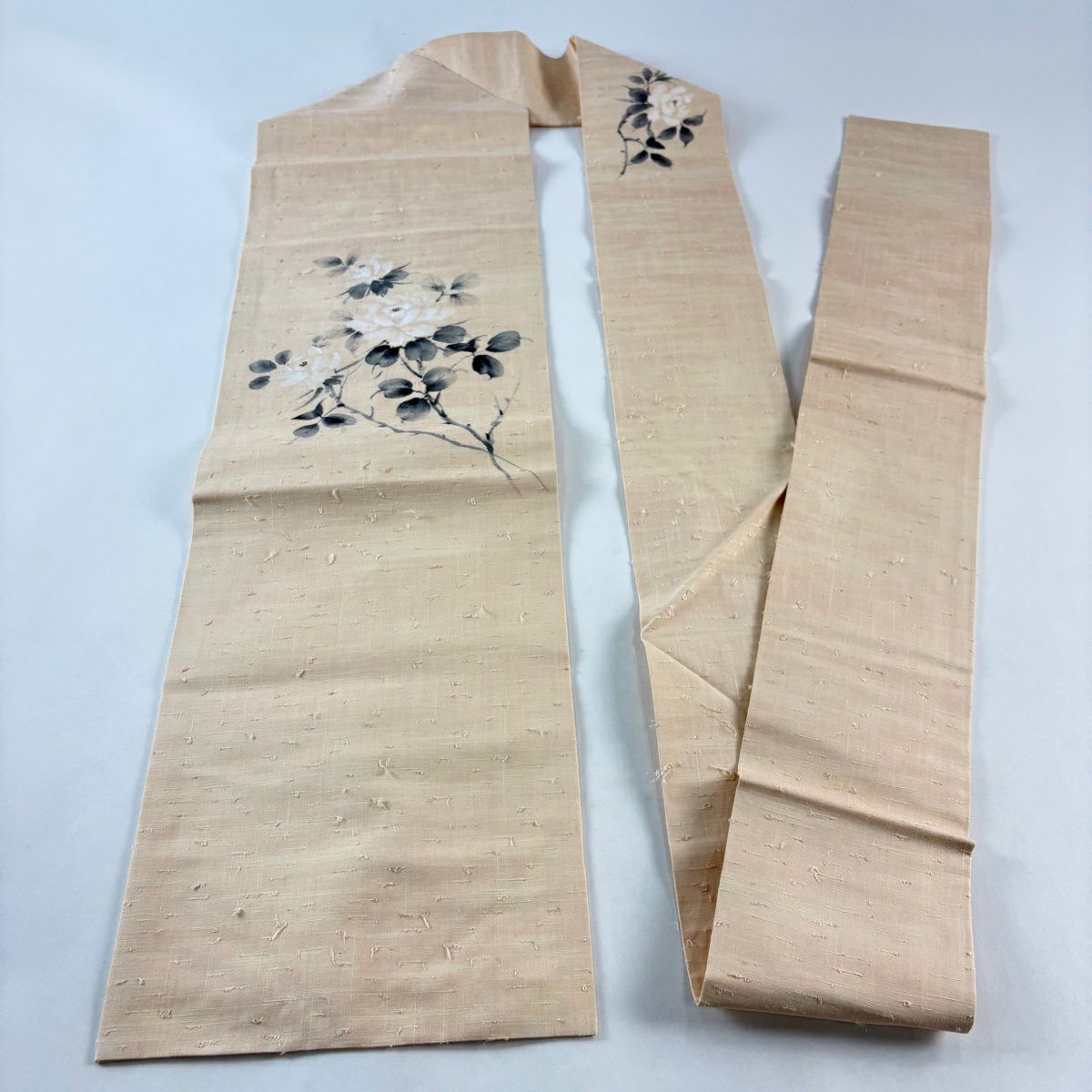名古屋帶 優品級 紬織織 枝花 金彩裝飾 粉米色 純蠶絲