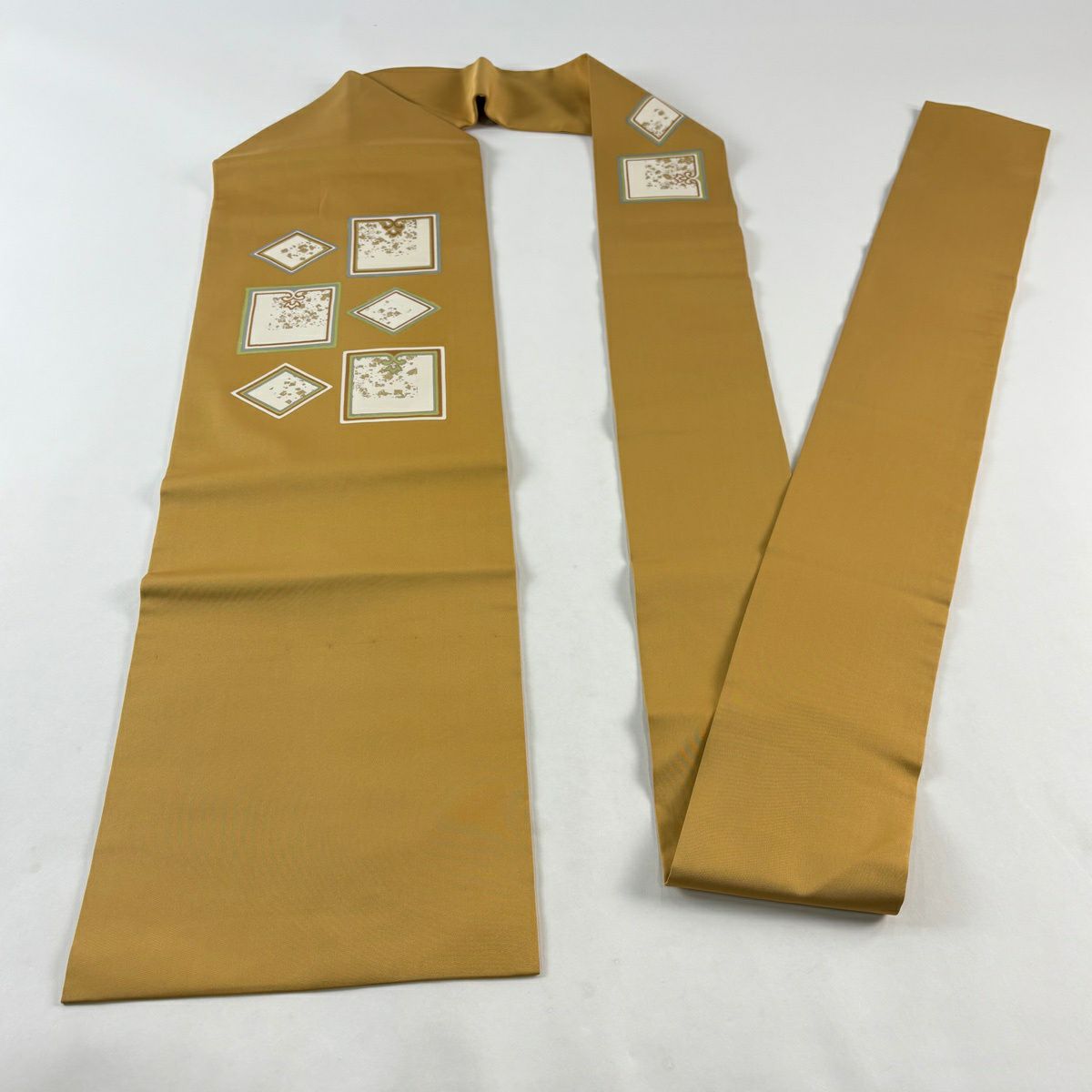 名古屋帶 優品級 鹽瀬 四角 菱紋 金銀彩 黃土 純蠶絲