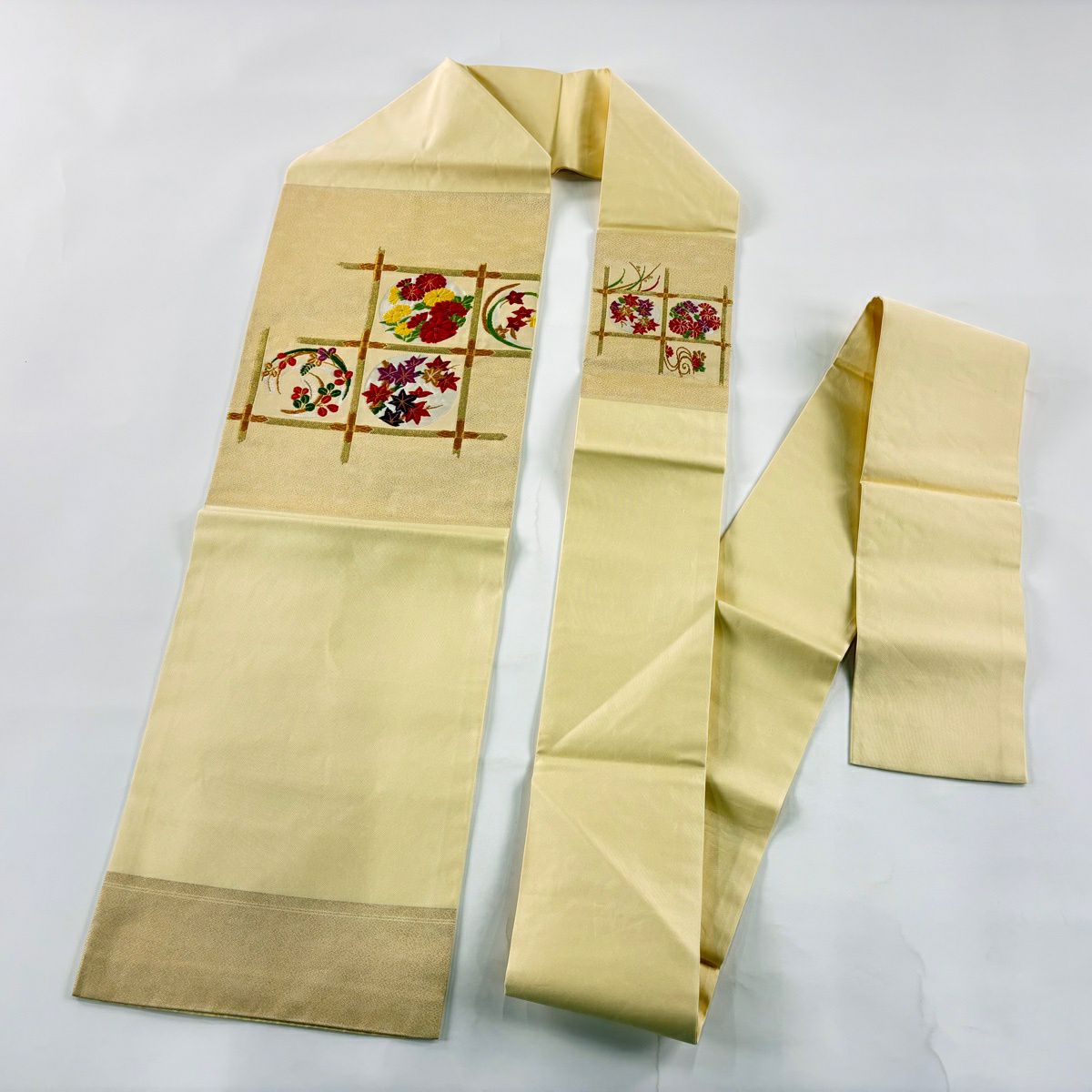 名古屋帶 優品級 草花紋紋 格天井 金絲 刺繡 金色 純蠶絲