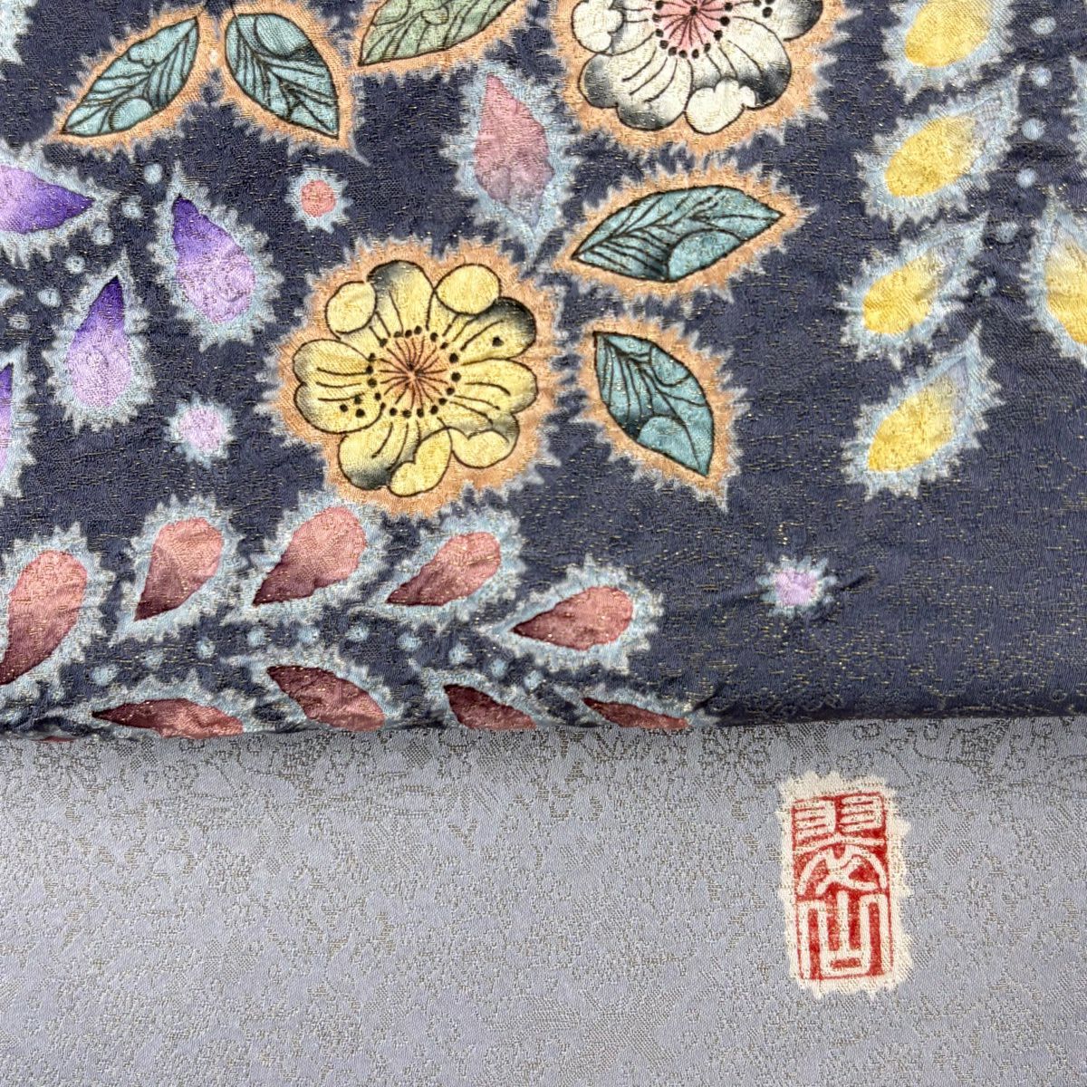 訪問服 身長167.5cm 袖長65.5cm M 雙層 袋帶套裝 辻花染圖案 金彩裝飾 染分 からし色 純蠶絲 名品級