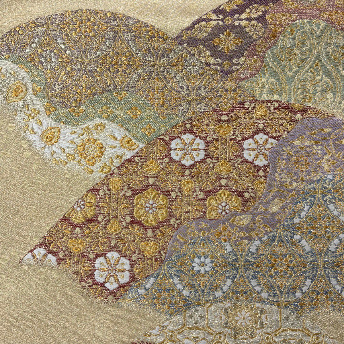 【美品】訪問服 身長162.5cm 袖長65.5cm M 雙層 袋帶套裝 草花紋紋 破れ色紙 金糸刺繡 山吹茶 純蠶絲 秀品級