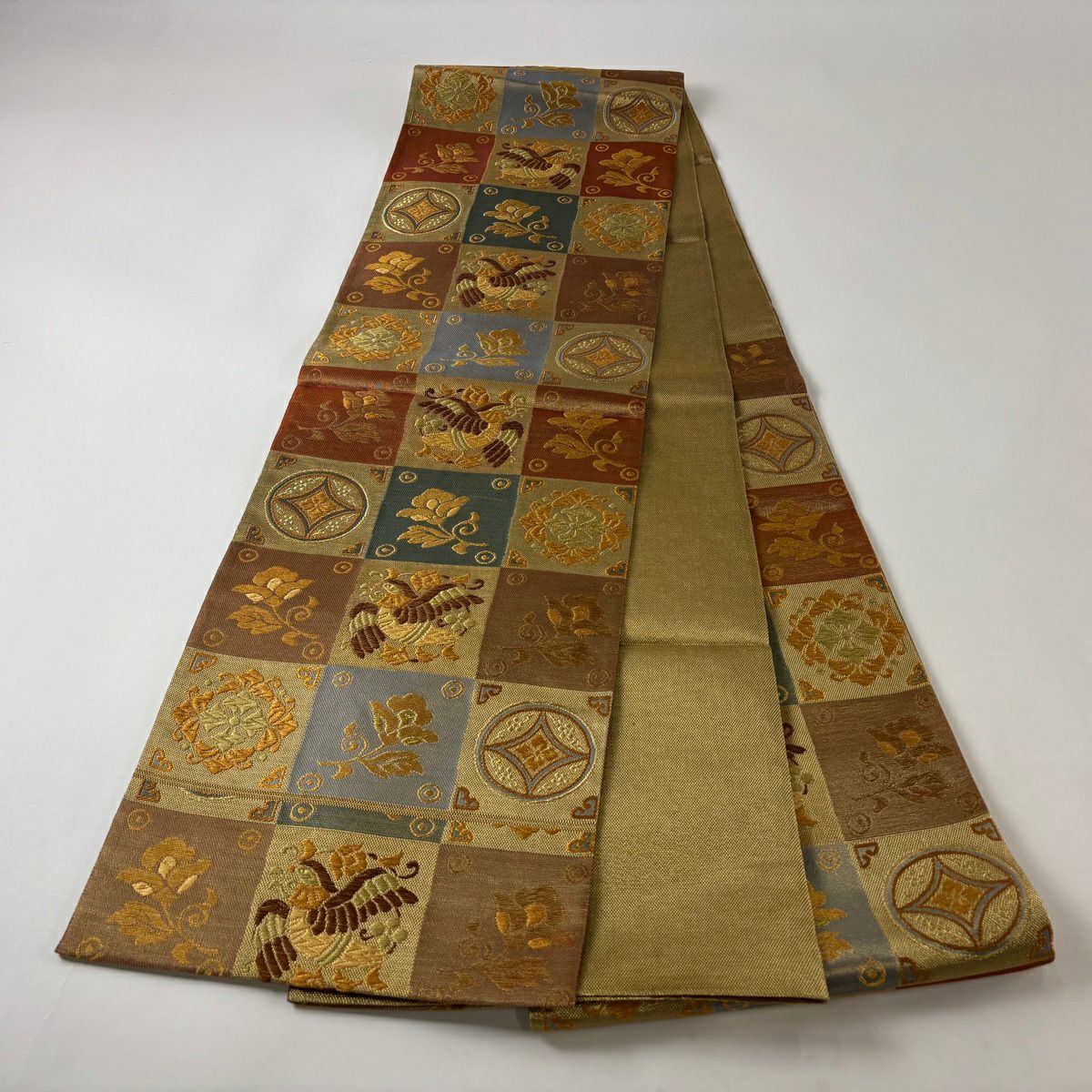 【美品】 袋帶 名品級 正倉院華紋 花喰鳥 金絲 刺繡 金 六通 純蠶絲