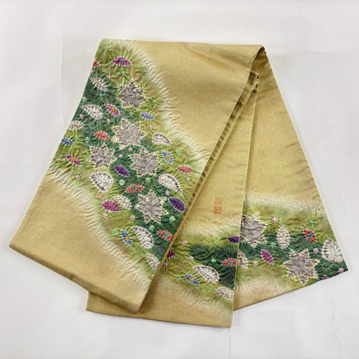 【美品】 袋帶 名品級 落款あり 好一彩 楓葉圖案 金金箔 淺綠色 大鼓圖案 純蠶絲