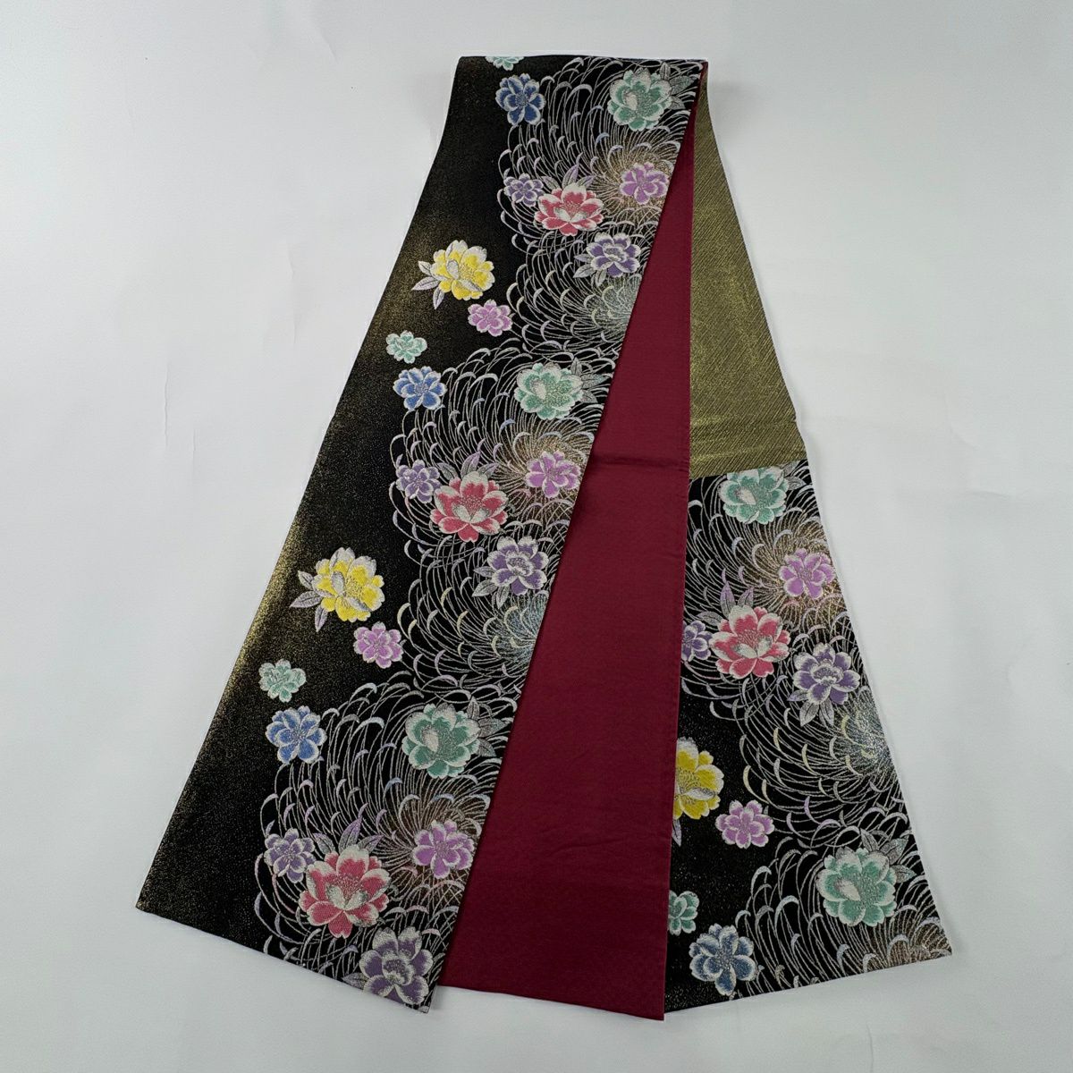 【美品】 袋帶 秀品級 夢幻 櫻花 亂菊花 金金箔 銀線 黑 六通 純蠶絲