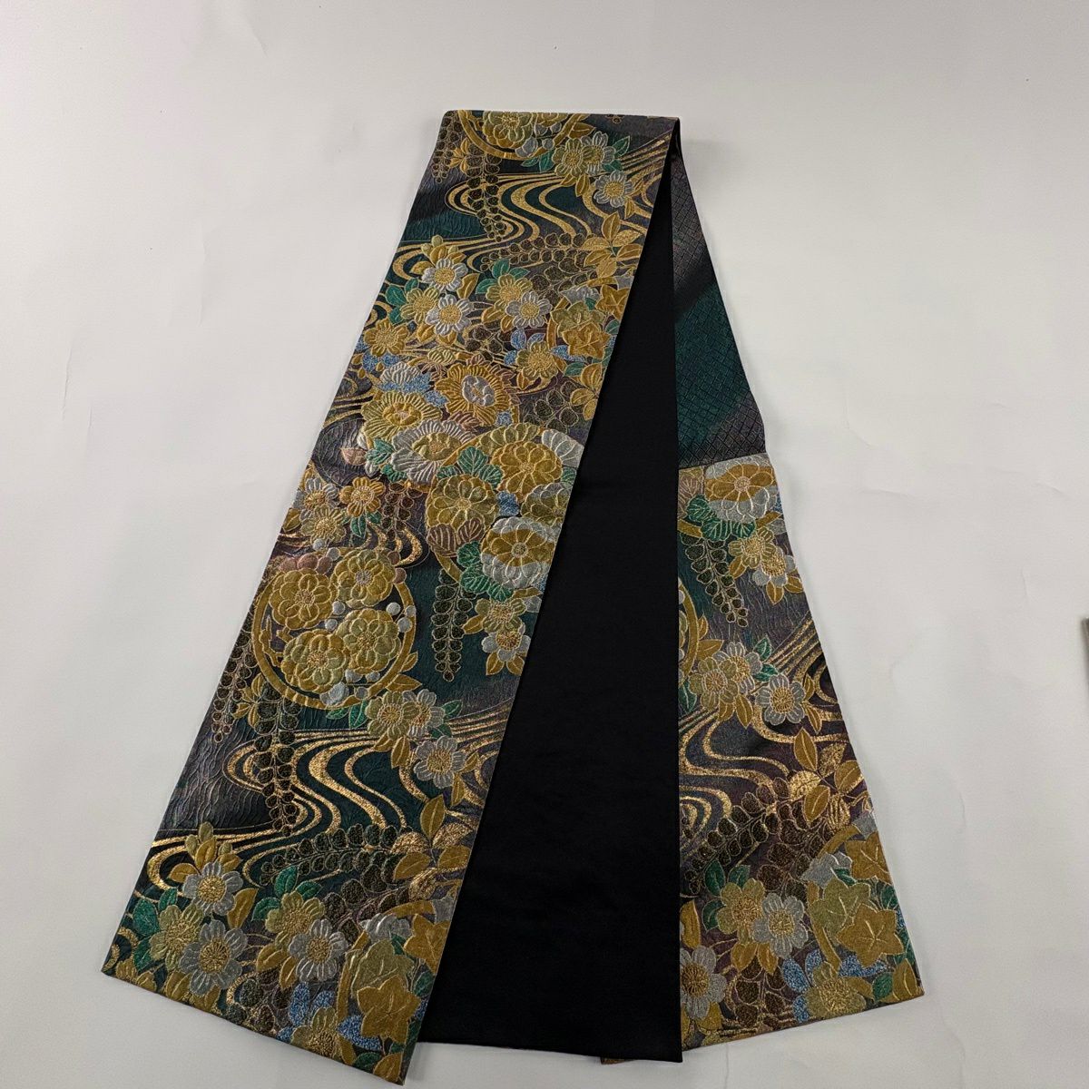 【美品】 袋帶 秀品級 花丸紋 流水 金金箔 青綠 六通 純蠶絲