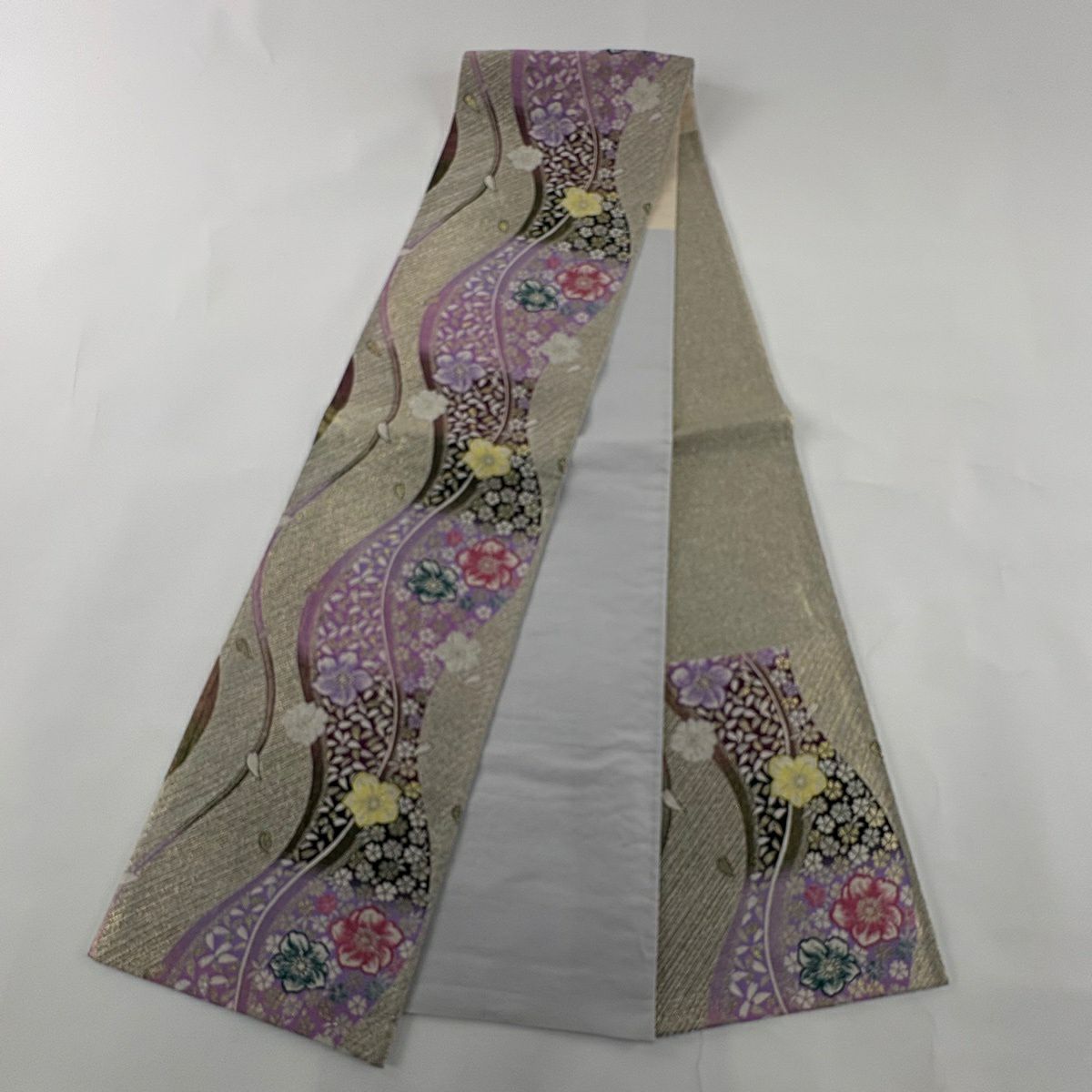 【美品】 袋帶 秀品級 櫻花 金金箔 金色 六通 純蠶絲