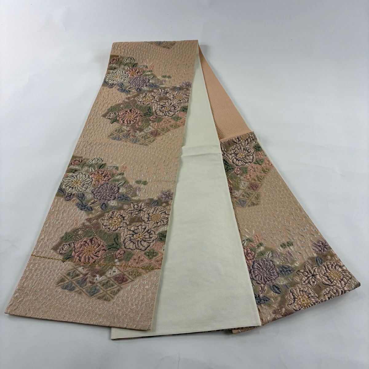 【美品】 袋帶 秀品級 辻花染圖案 金線 金金箔 粉米色 六通 純蠶絲