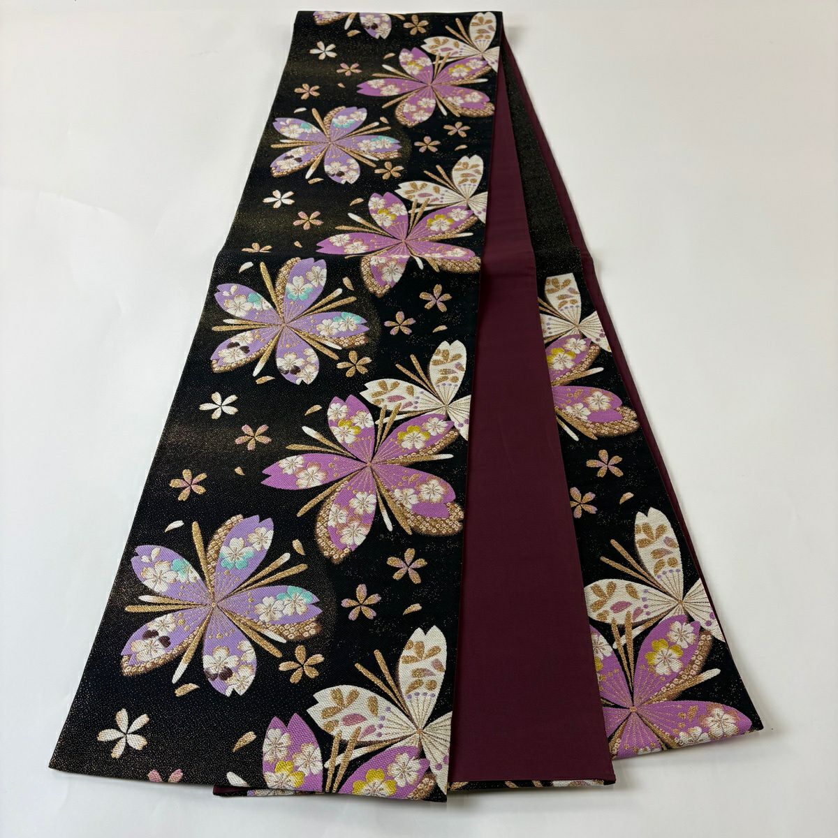 【美品】 袋帶 秀品級 櫻花花瓣 金絲 金金箔 黑 六通 純蠶絲