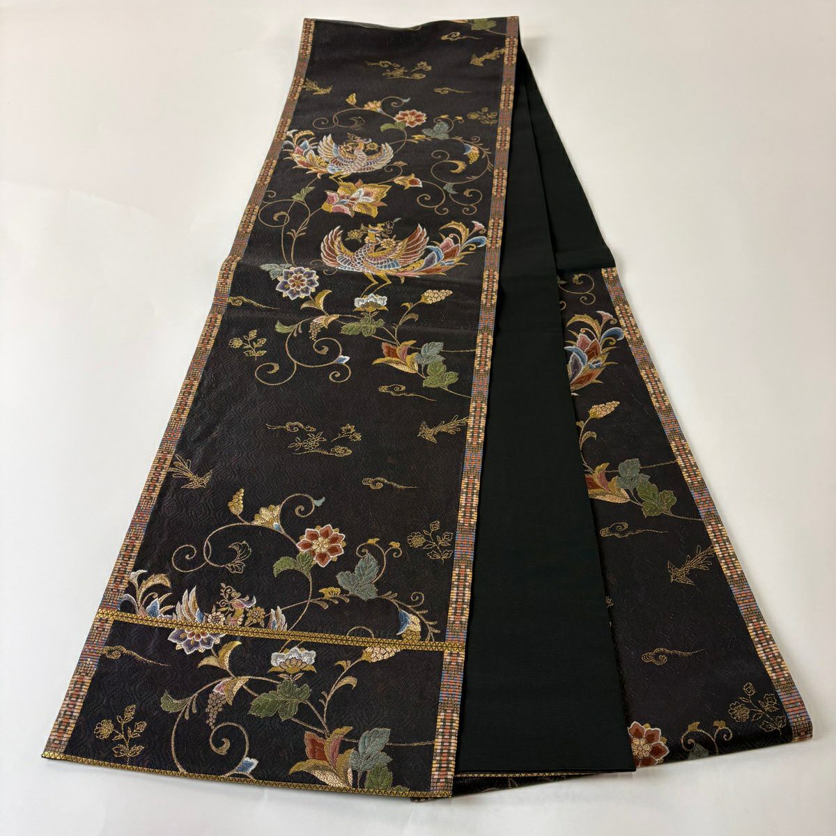 【美品】 袋帶 秀品級 關西仕立 雛鳳凰紋 花唐草紋 金絲 金金箔 焦茶 六通 純蠶絲