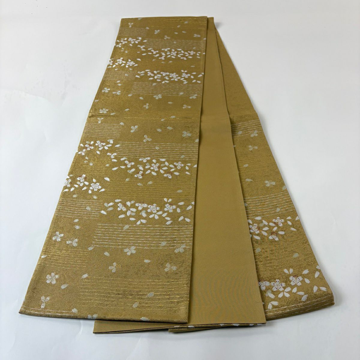 【美品】 袋帶 秀品級 樱花花瓣 金金箔 黃土色 六通 純蠶絲