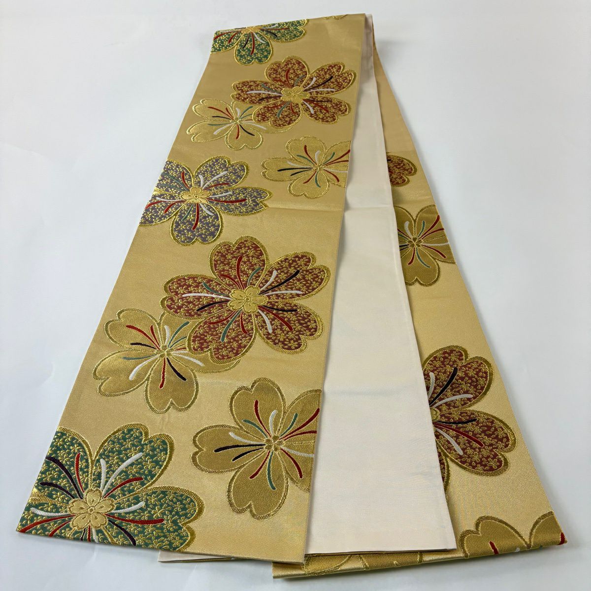 【美品】 袋帶 秀品級 櫻花花瓣 金絲 金金箔 金色 六通 純蠶絲