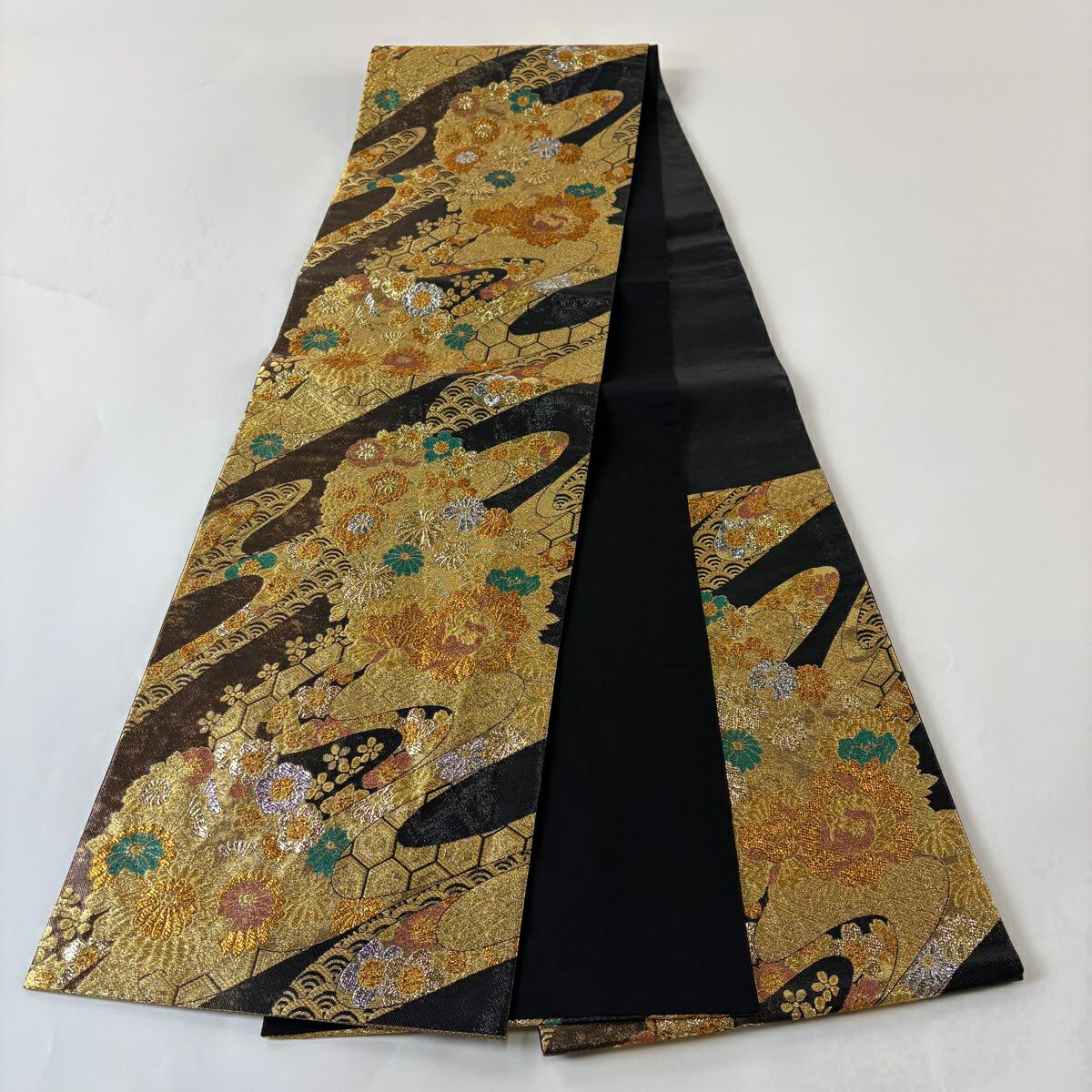 袋帶 秀品級 華之輝 花丸紋 霞 金絲 金金箔 茶 六通 純蠶絲