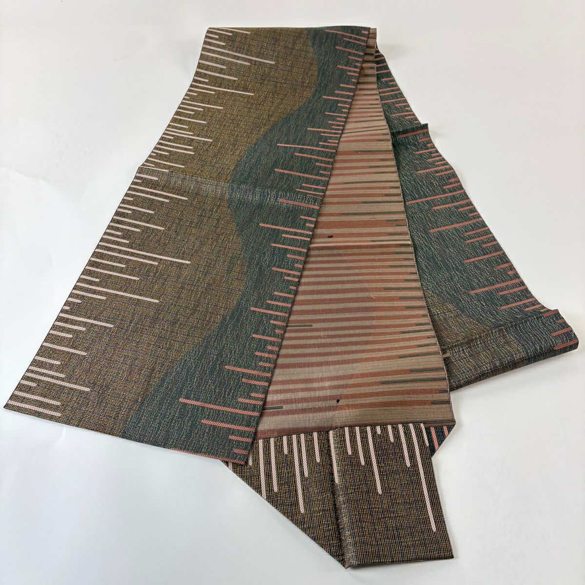 【美品】 名古屋帶 優品級 八寸名古屋帶 松樹葉仕立 深藍 金糸 深綠 純蠶絲