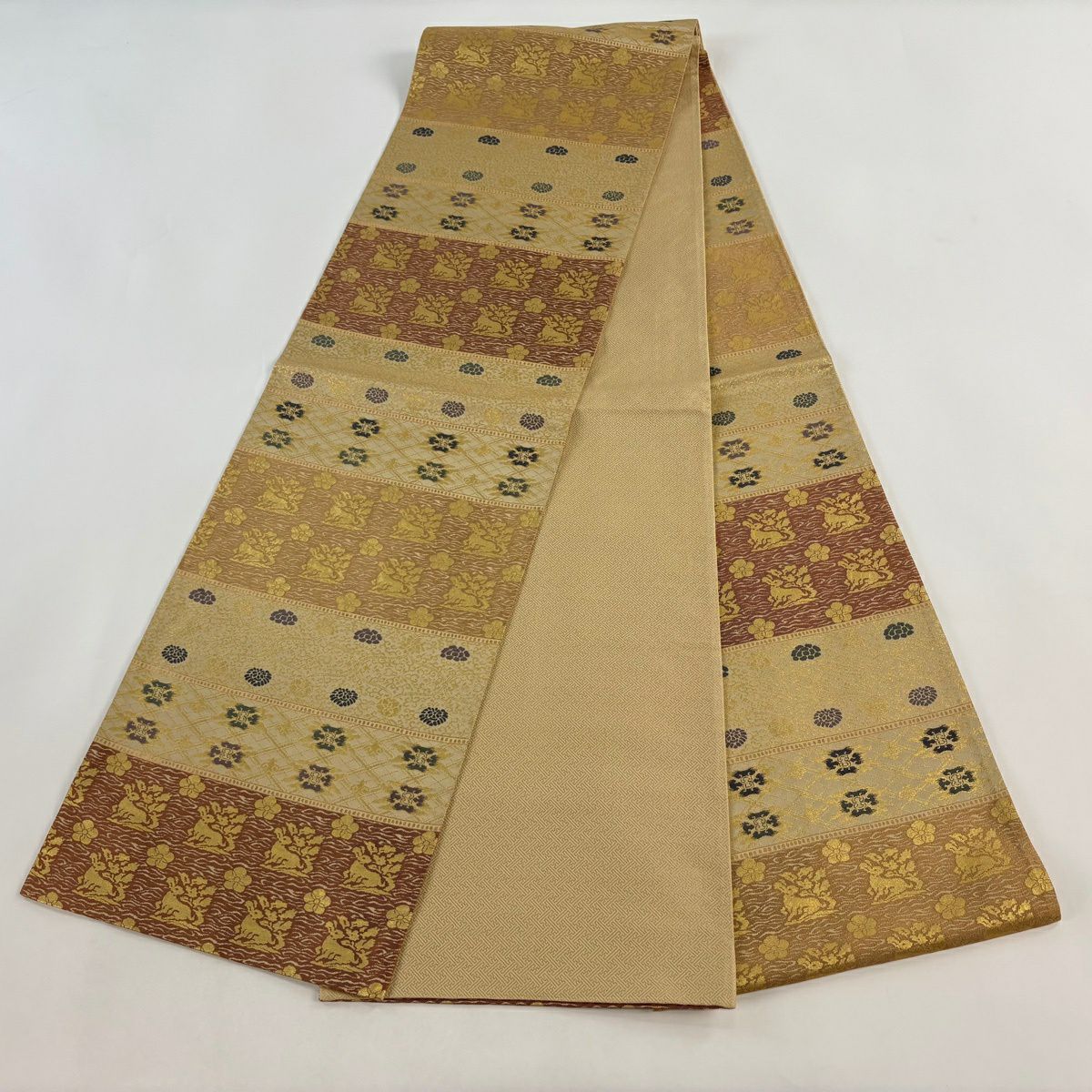 【美品】 袋帶 秀品級 花兔子 段紋 金金箔 金色 全通 純蠶絲