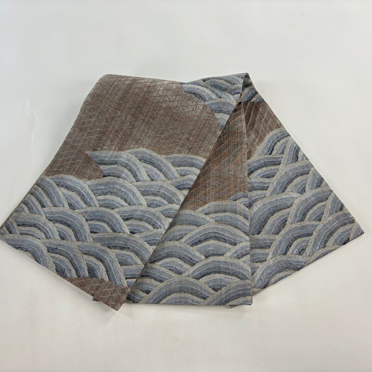 【美品】 袋帶 秀品級 夏帶 波 金銀絲 小豆色 六通 純蠶絲
