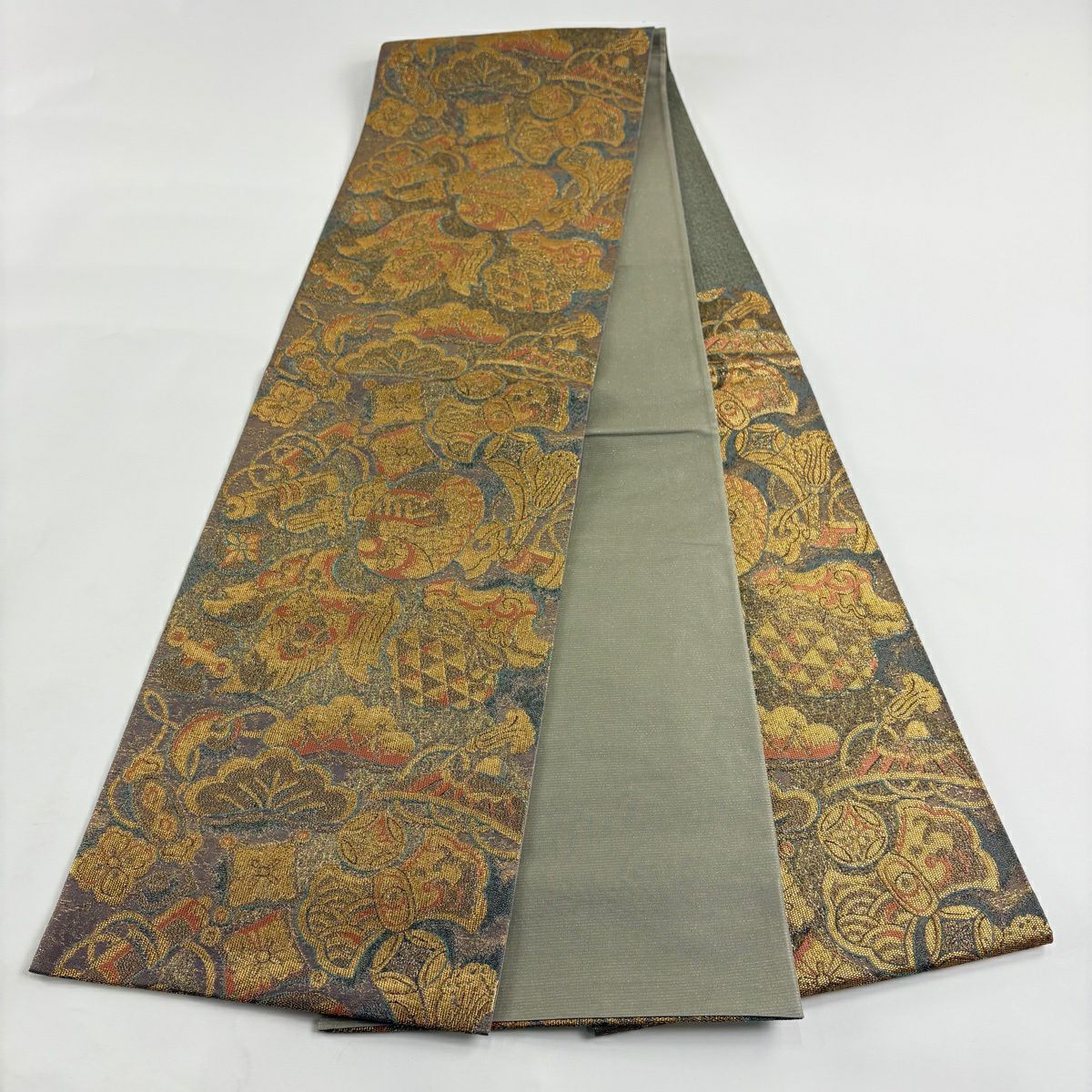 【美品】 袋帶 秀品級 寶盡くし 金金箔 灰茶 六通 純蠶絲