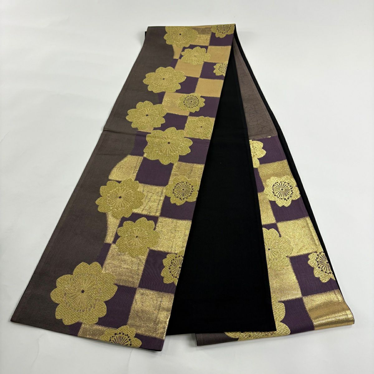 袋帶 秀品級 櫻花 市松樹 金絲 金銀彩 紫色 六通 純蠶絲