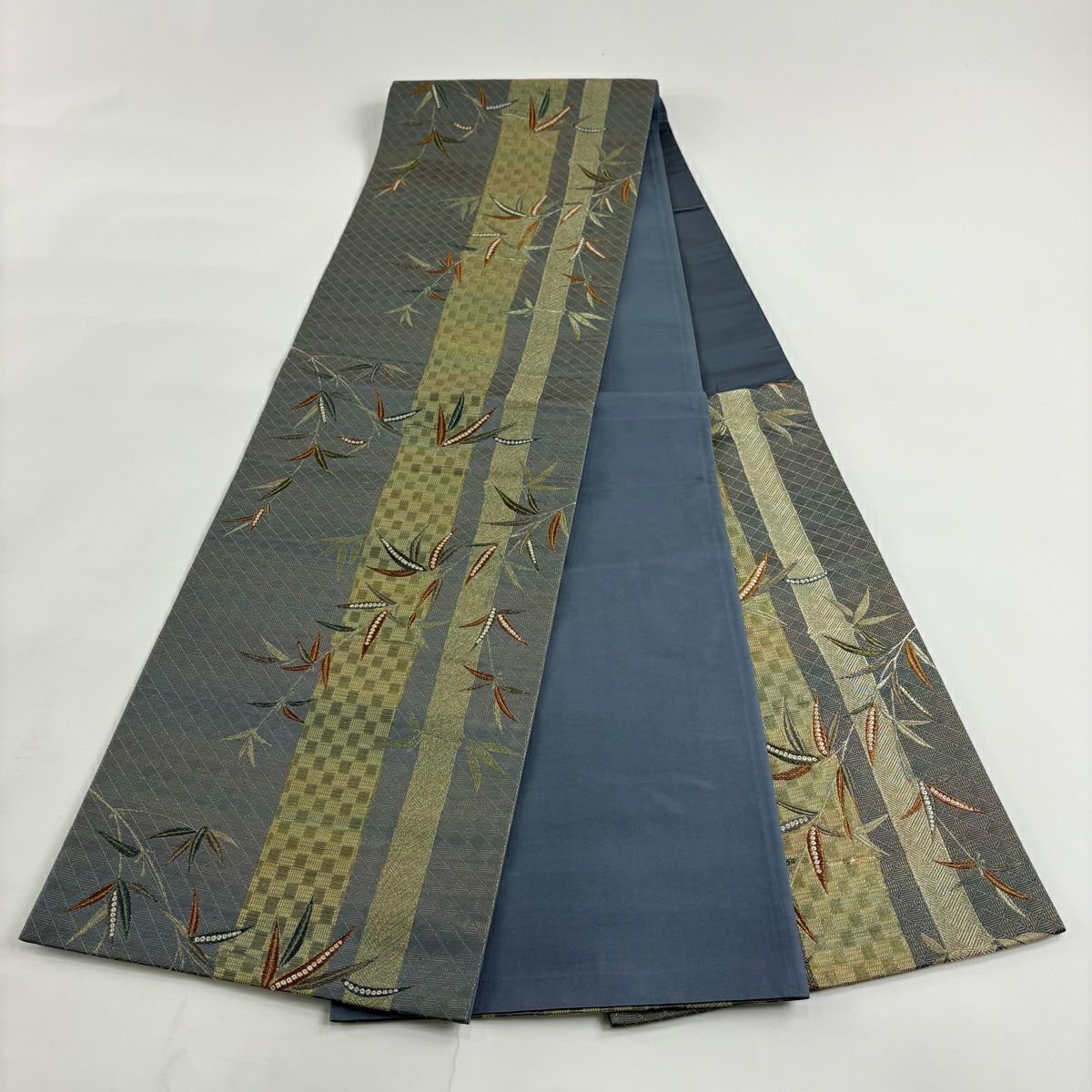 【美品】 袋帶 秀品級 竹子 金糸 金金箔 灰 深藍 六通 純蠶絲