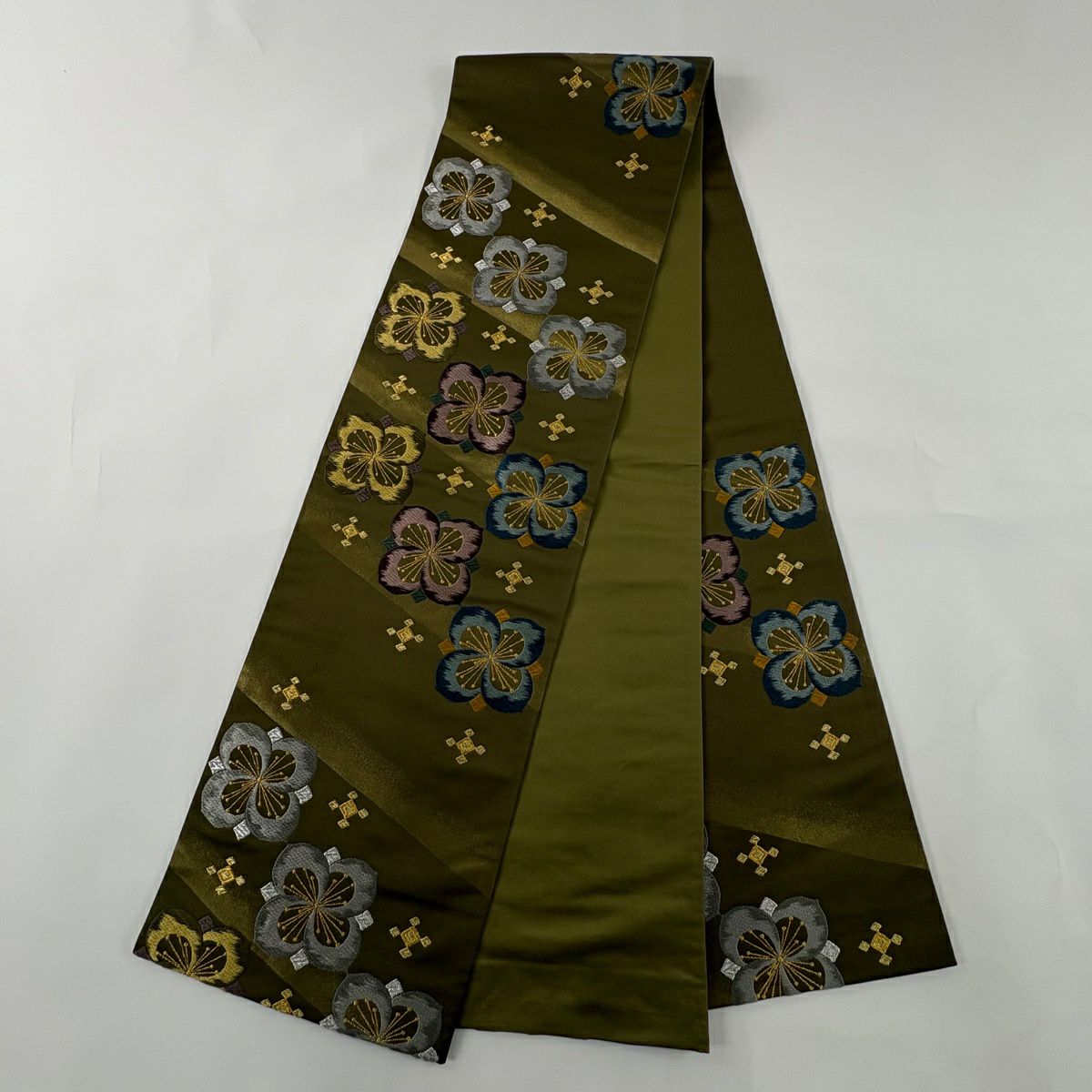 【美品】 袋帶 秀品級 咖啡染 花 金銀彩 金金箔 茶綠 深藍色 六通 純蠶絲