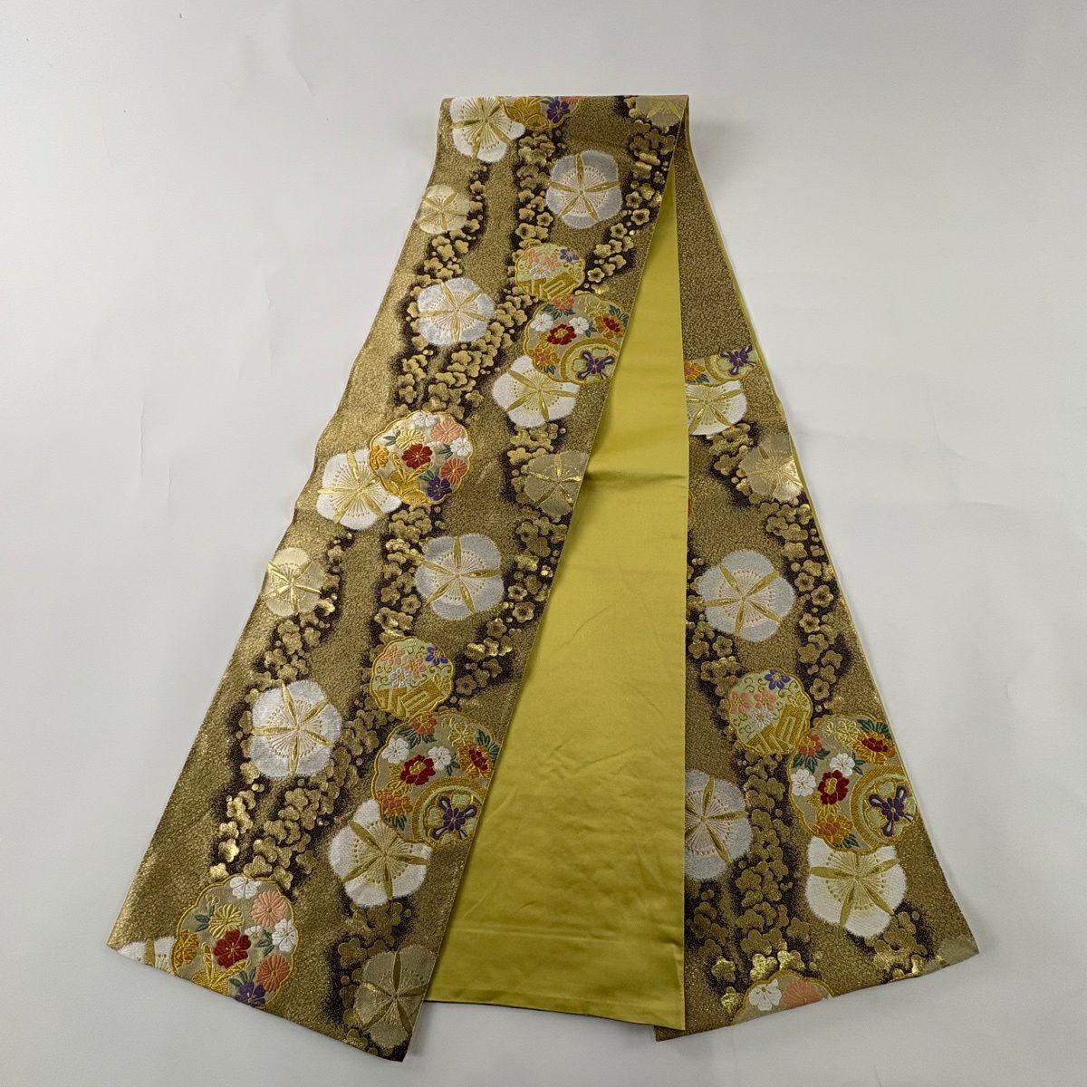 【美品】 袋帶 秀品級 振袖禮服禮服 梅花 草花紋 金銀彩 金金箔 金色 六通 純蠶絲