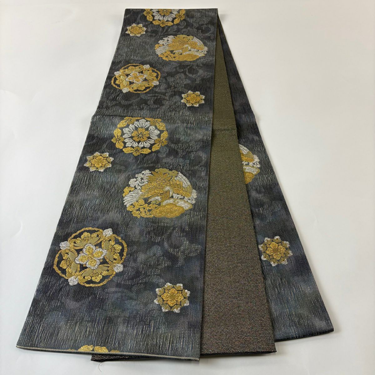 【美品】 袋帶 秀品級 鳳凰 華紋 金銀彩 金金箔 灰綠 六通 純蠶絲