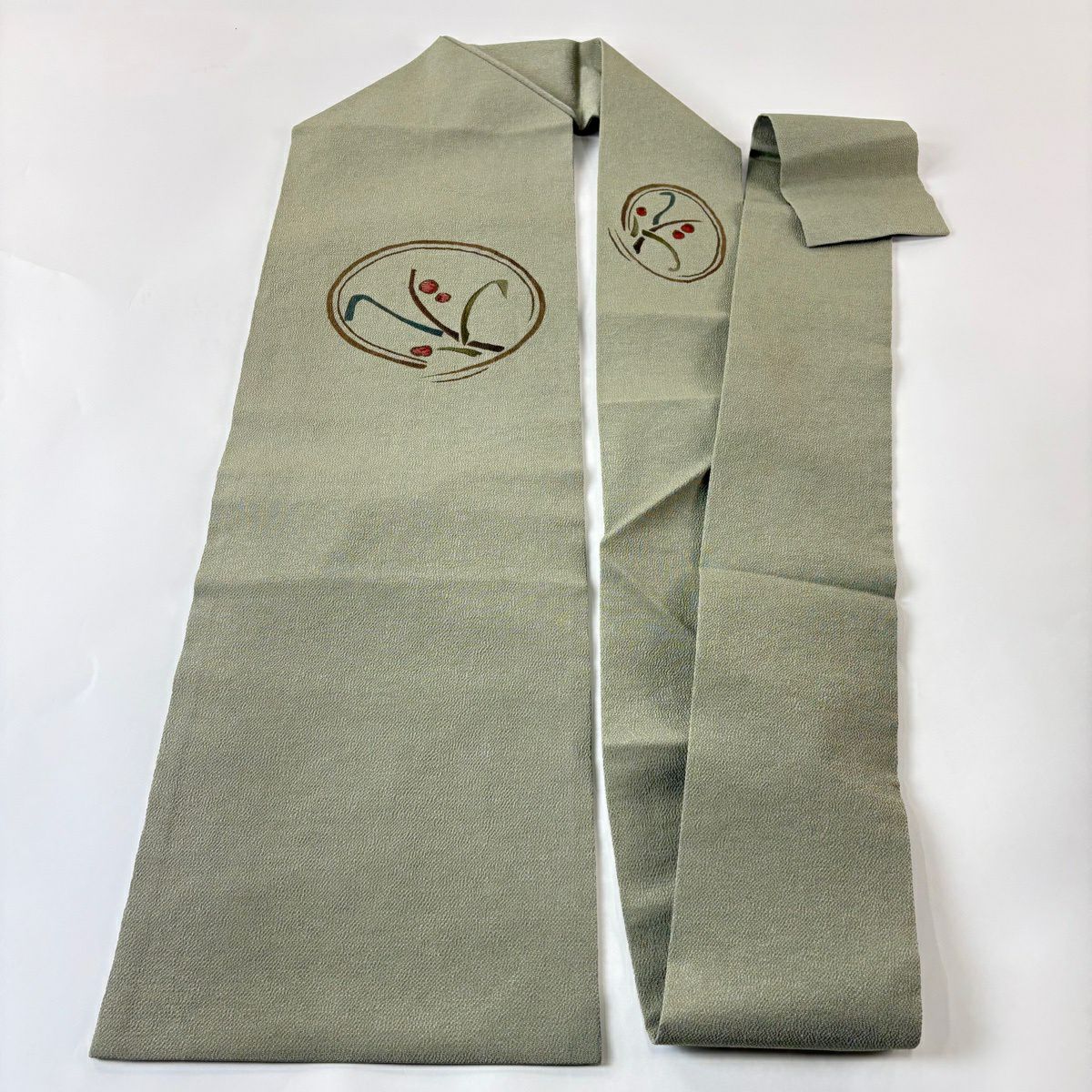 名古屋帶 秀品級 葉與果 縮緬 刺繡 灰綠 純蠶絲
