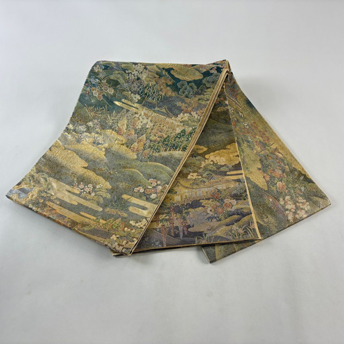 【美品】 袋帶 秀品級 建築 風景 金絲 金金箔 青綠 大鼓圖案 純蠶絲