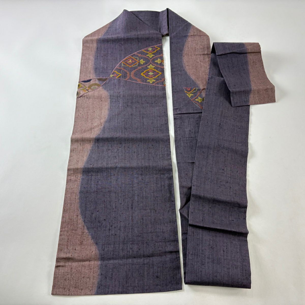 名古屋帶 秀品級 紬織織 草花紋紋 刺繡 紫 純蠶絲