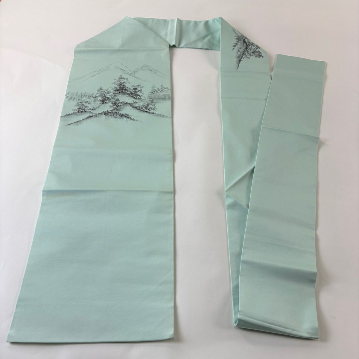 名古屋帶 優品級 山 樹木 淺綠 純蠶絲