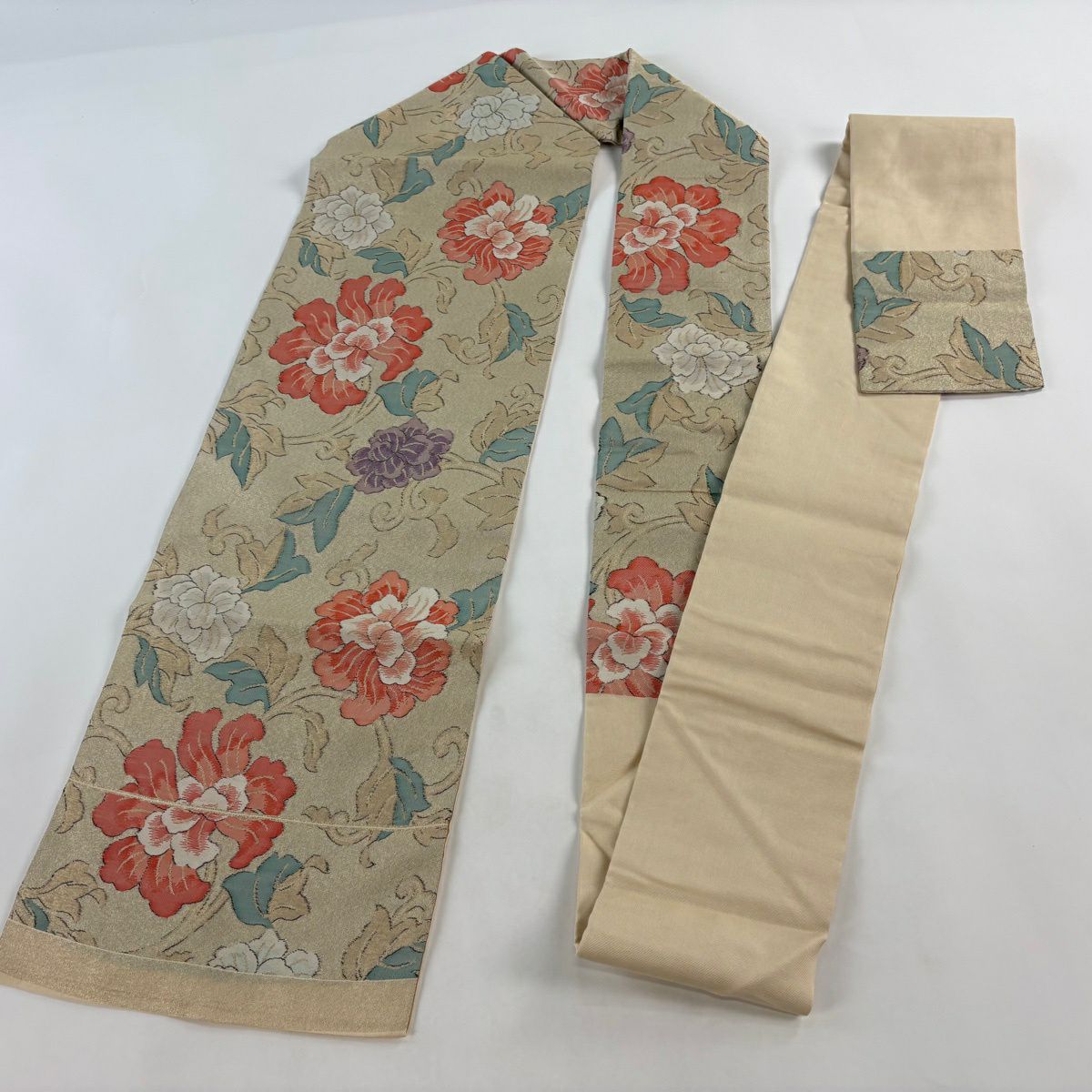 名古屋帶 優品級 花唐草紋 金糸 米色 純蠶絲
