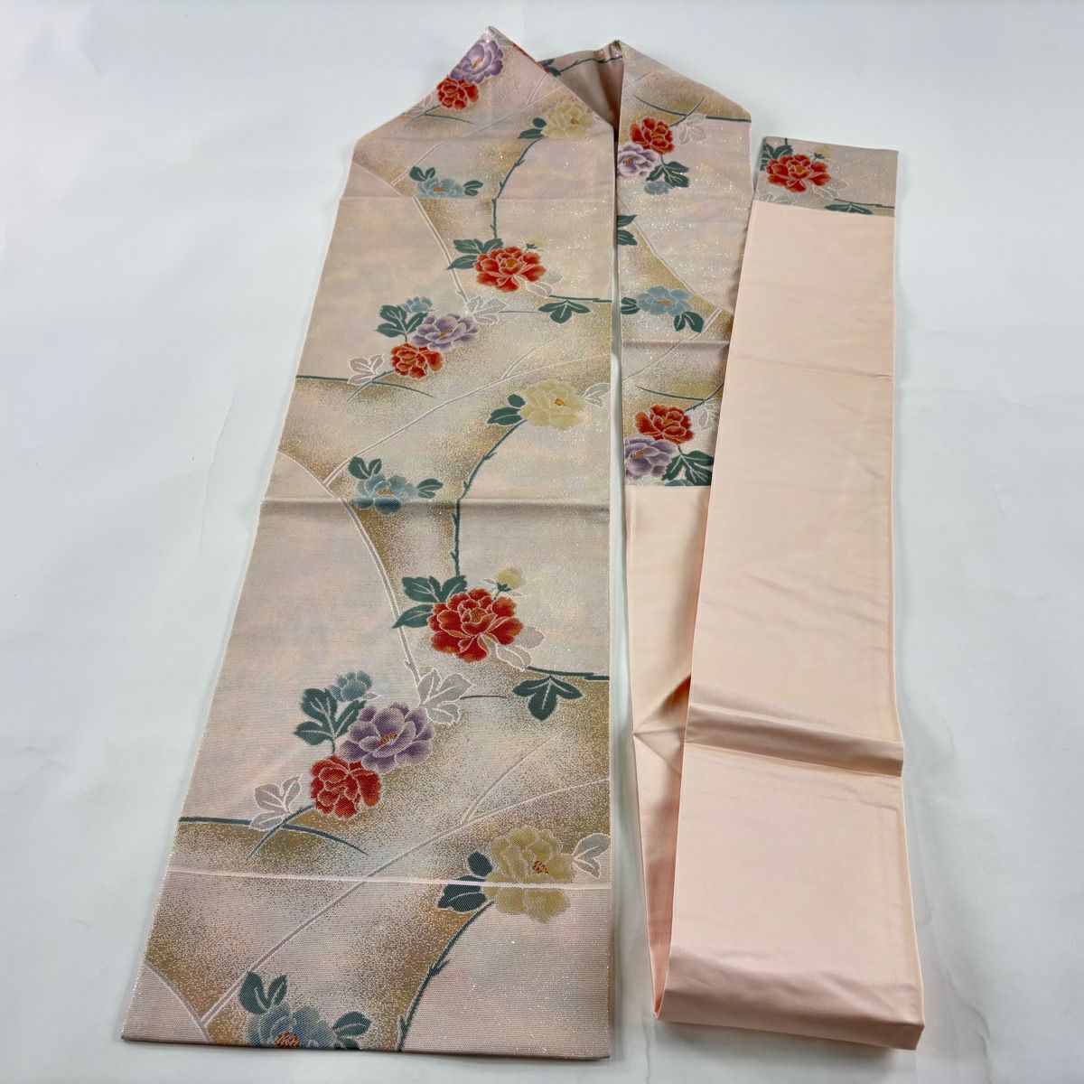 名古屋帶 優品級 草花紋 金銀彩 淺粉色 純蠶絲