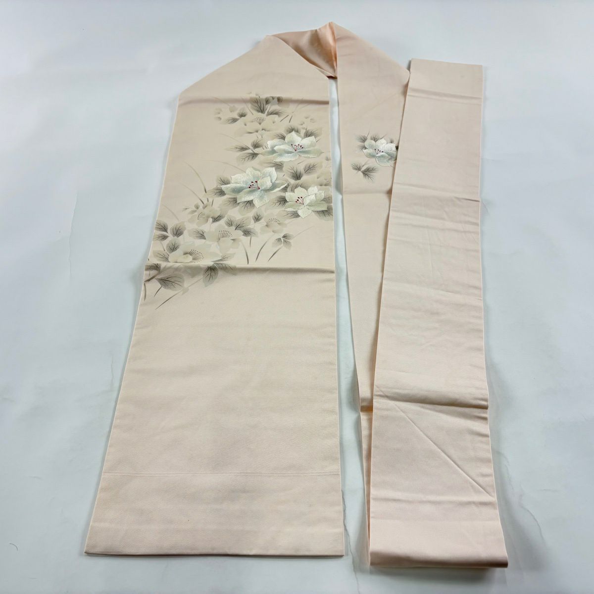 名古屋帶 優品級 草花紋刺繡 淺粉色 純蠶絲