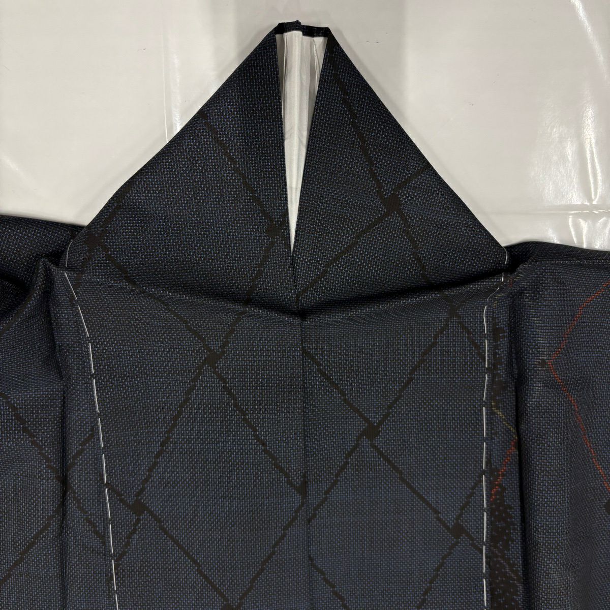 【美品】 紬織 身長151.5cm 袖長61cm S 雙層 菱 幾何學圖案 深藍 純蠶絲 優品級
