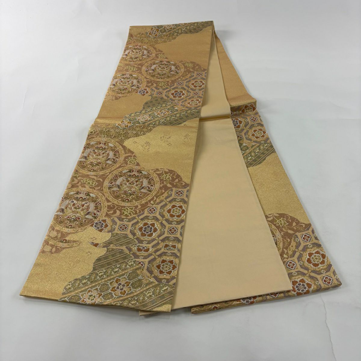 【美品】 袋帶 秀品級 向鳥 蜀江華紋 金絲 金金箔 金 六通 純蠶絲