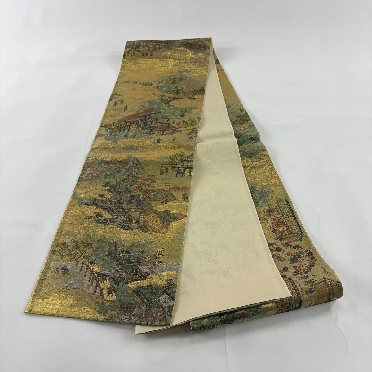 【美品】 袋帶 秀品級 洛中洛外的圖 建築 角色 金金箔 金色 大鼓圖案 純蠶絲