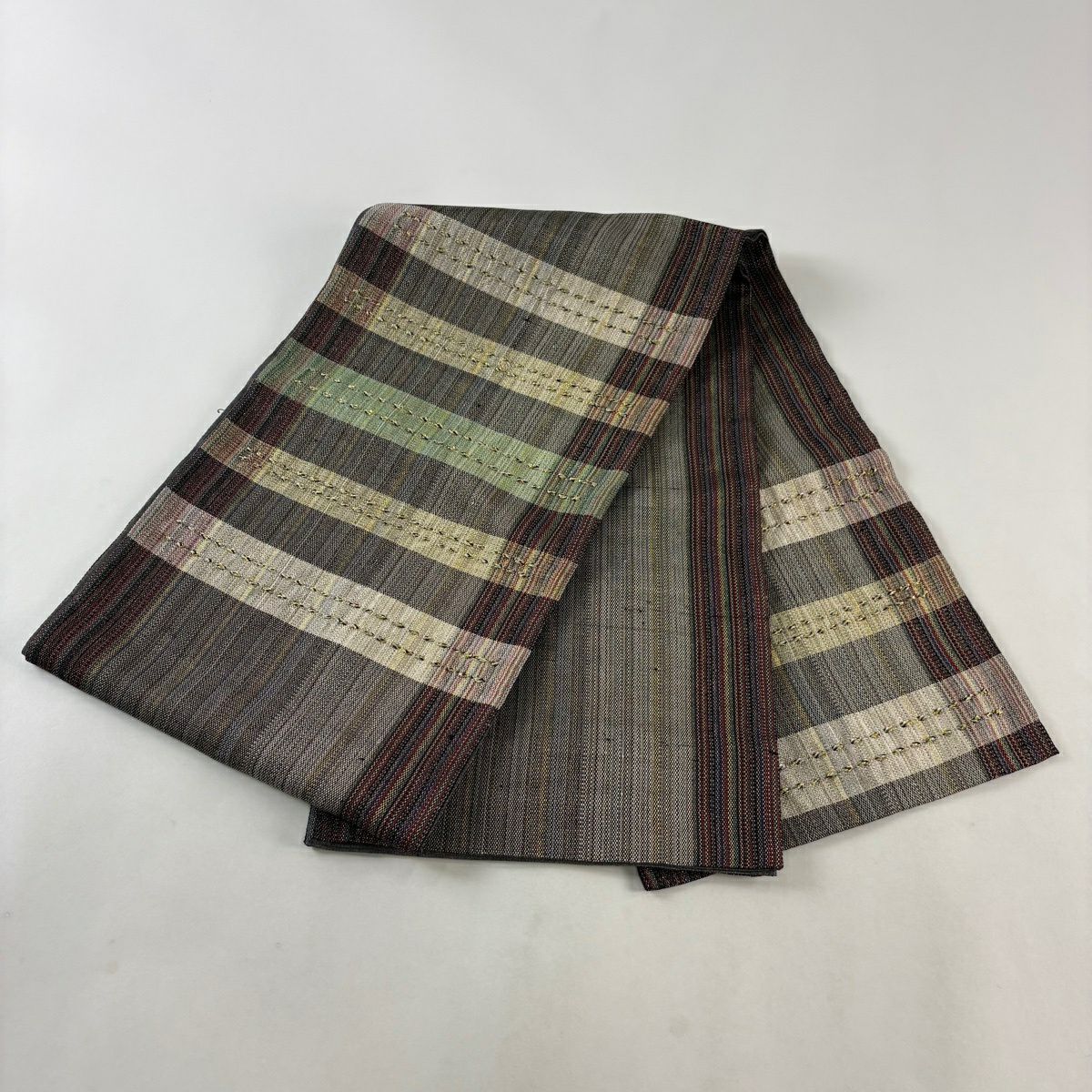 袋帶 秀品級 條紋 金絲 金金箔 灰色 大鼓圖案 純蠶絲