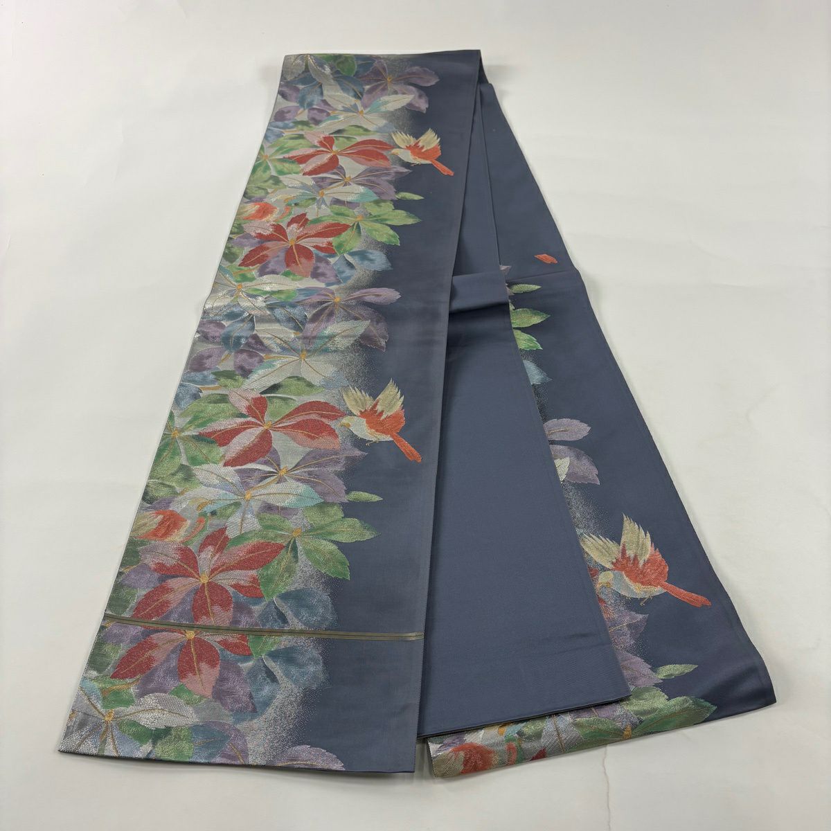 【美品】 袋帶 秀品級 鳥 草花紋 金金箔 青灰 六通 純蠶絲