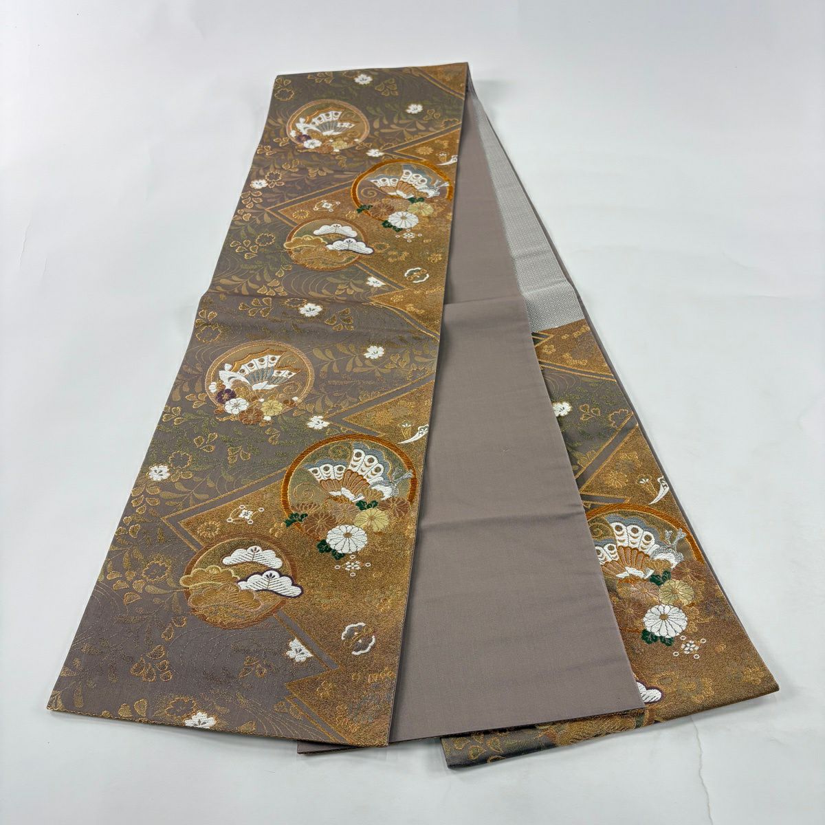 【美品】 袋帶 秀品級 蝶 松樹 唐織 金銀糸 灰紫 六通 純蠶絲