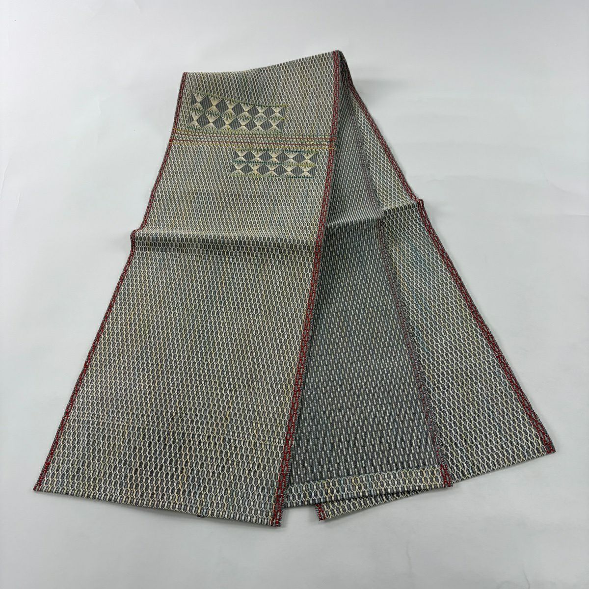 【美品】 名古屋帶 秀品級 八寸名古屋帶 夏帶 龜甲 幾何學 灰色 純蠶絲