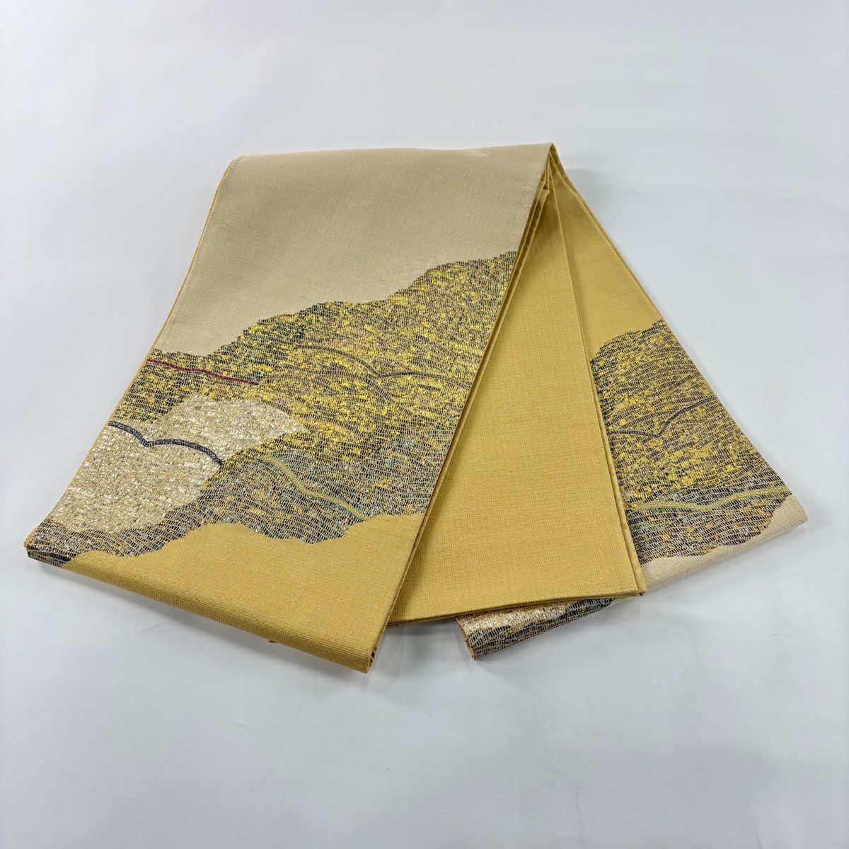 【美品】 袋帶 秀品級 波 道長取 金絲 金金箔 淡黃 お太鼓圖案 純蠶絲