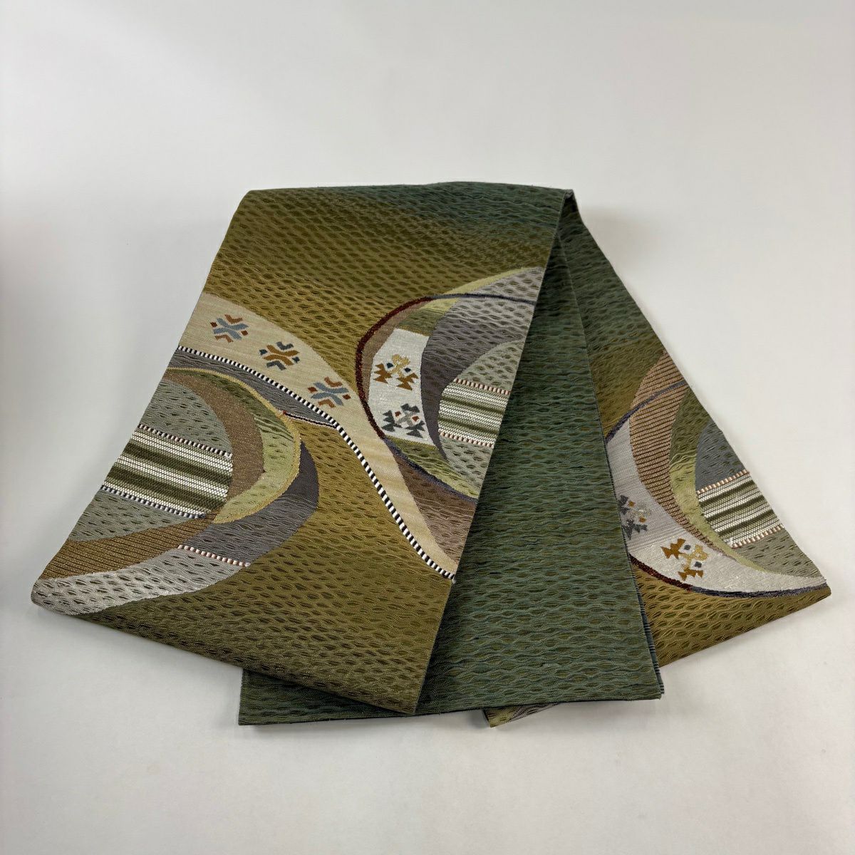 袋帶 秀品級 幾何學 金絲 綠色 大鼓圖案 純蠶絲
