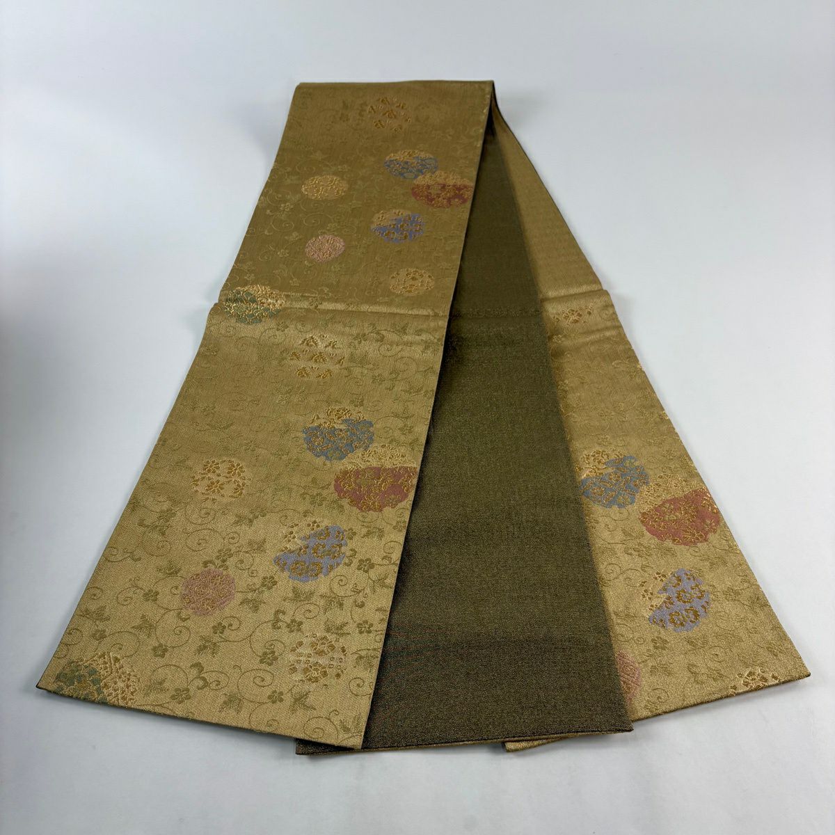 【美品】 袋帶 秀品級 雪輪 草花紋 金絲 金金箔 金色 全通 純蠶絲