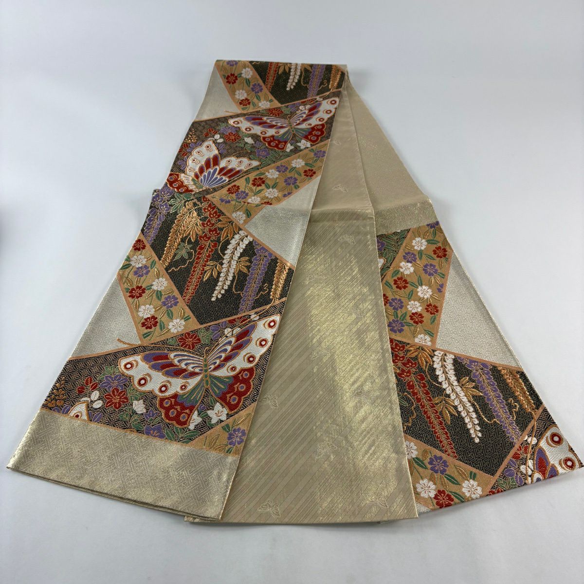 【美品】 袋帶 秀品級 振袖禮服禮服用 藤 蝶 金絲 金金箔 金色 六通 純蠶絲
