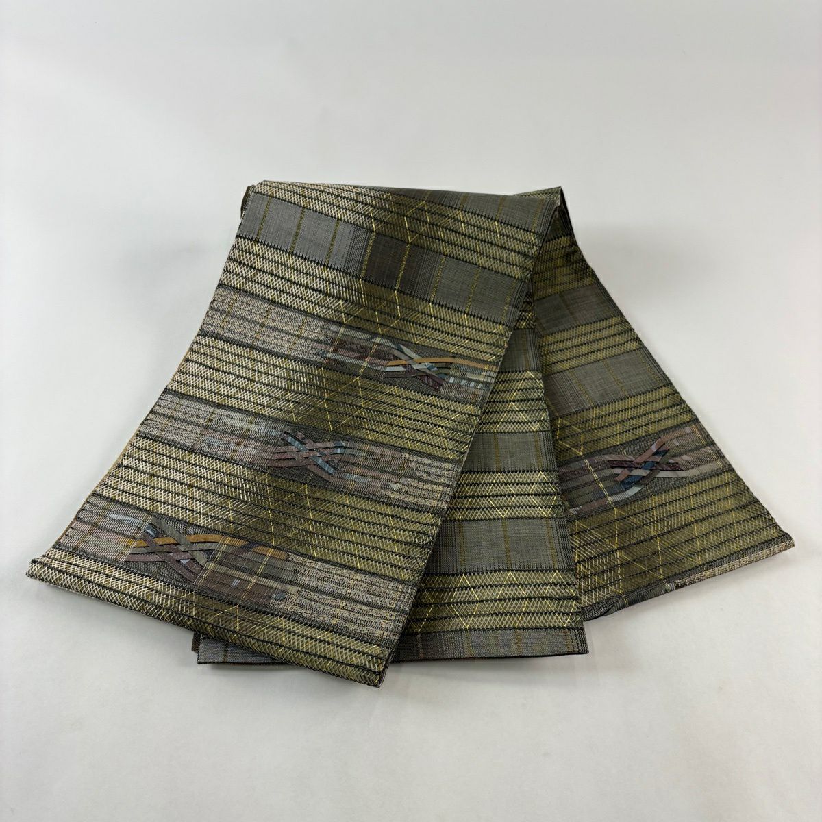【美品】 袋帶 秀品級 縞 幾何學 金絲 灰綠 お太鼓圖案 純蠶絲
