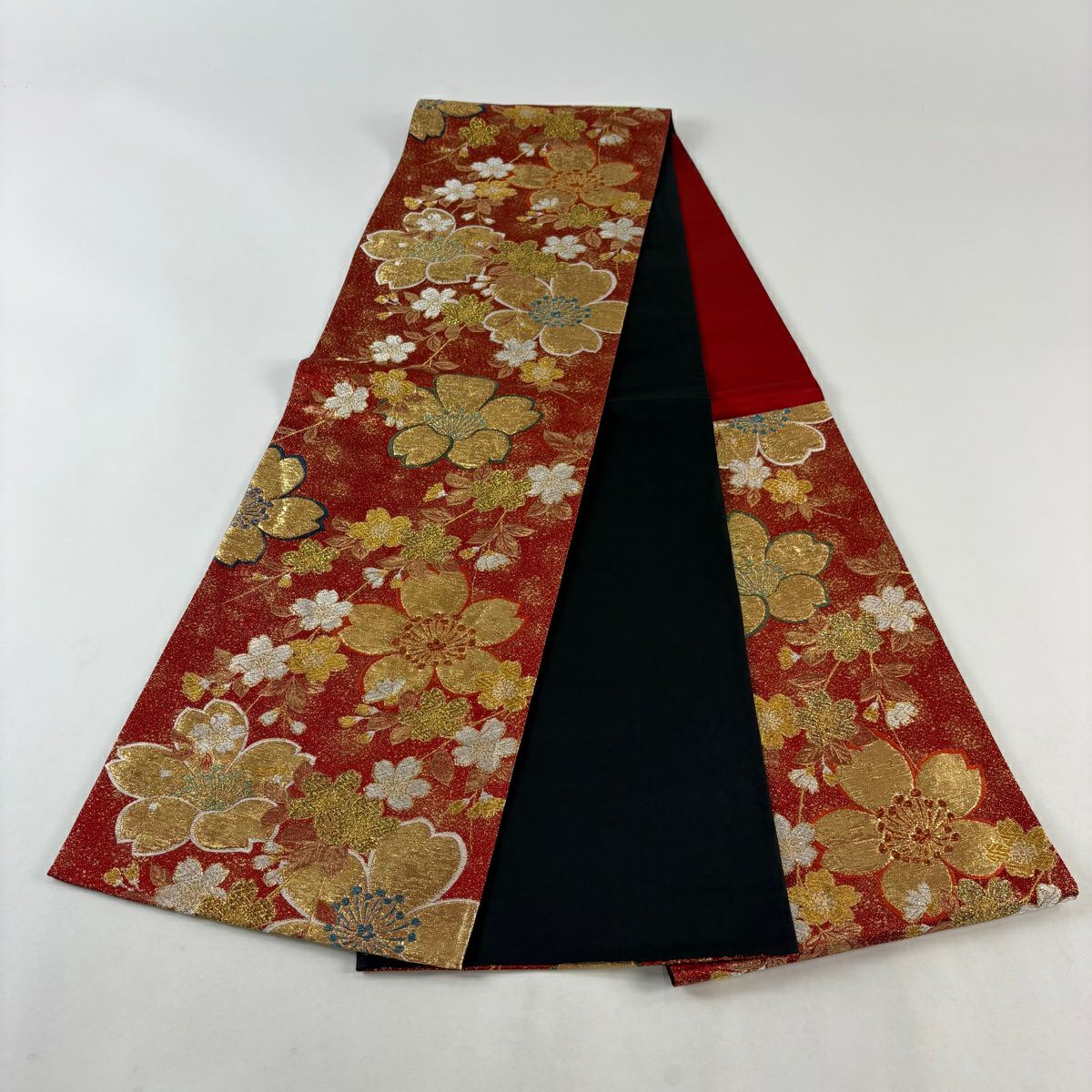 袋帶 秀品級 振袖禮服禮服用 櫻花 金線 金金箔 紅 六通 純蠶絲