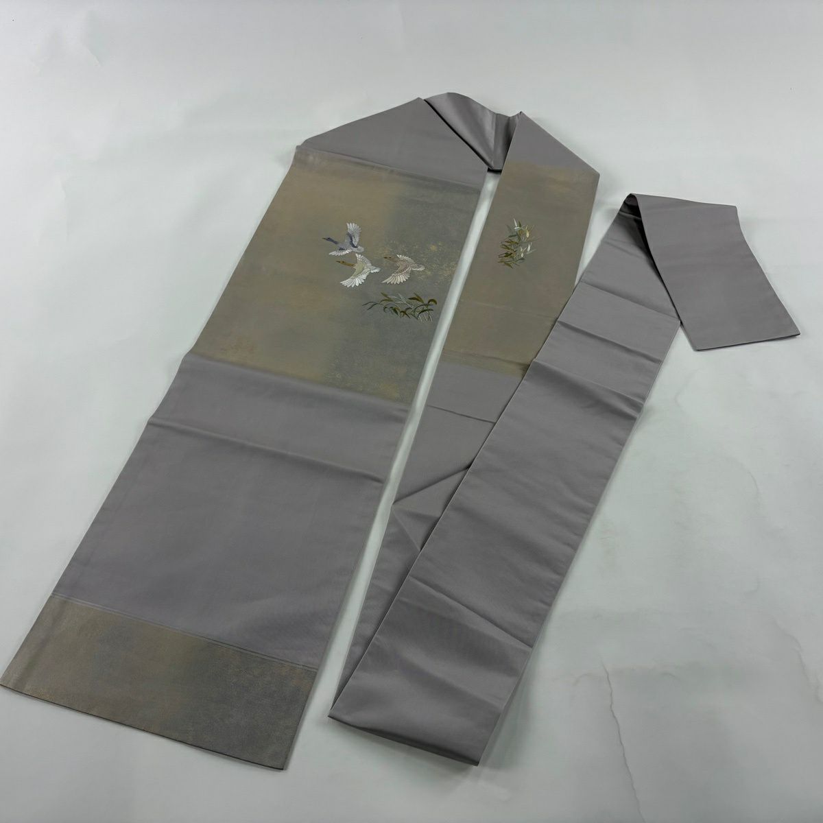 名古屋帶 秀品級 鳥葉紋刺繡金金箔 灰紫 純蠶絲